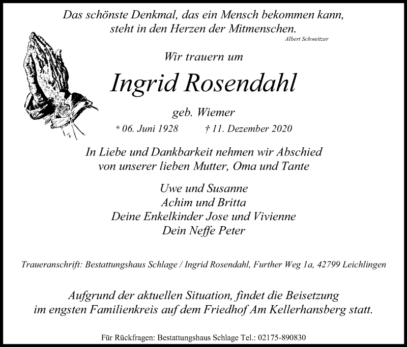  Traueranzeige für Ingrid Rosendahl vom 16.12.2020 aus Kölner Stadt-Anzeiger / Kölnische Rundschau / Express