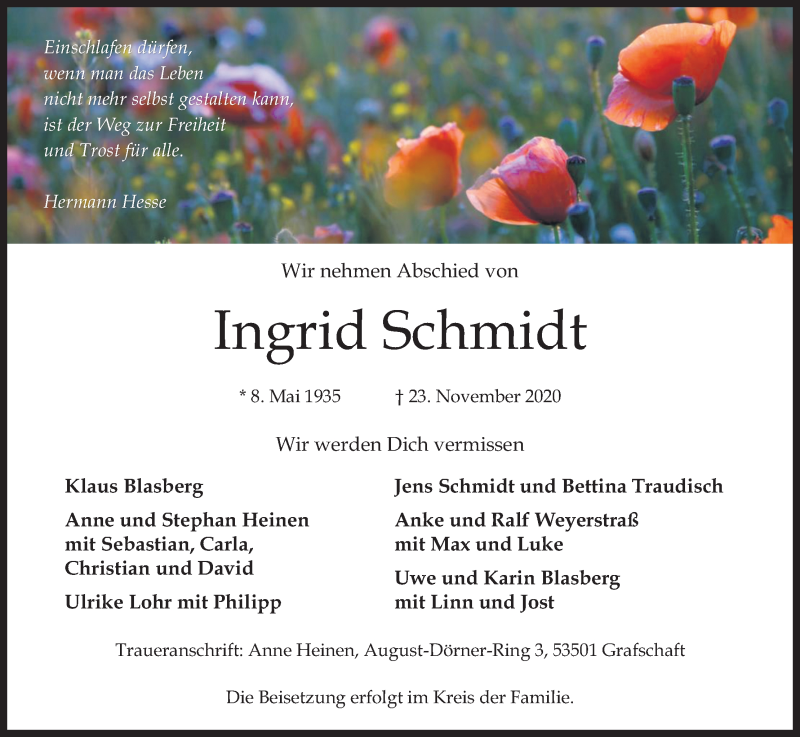  Traueranzeige für Ingrid Schmidt vom 19.12.2020 aus Kölner Stadt-Anzeiger / Kölnische Rundschau / Express