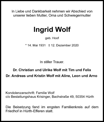 Anzeige von Ingrid Wolf von Kölner Stadt-Anzeiger / Kölnische Rundschau / Express