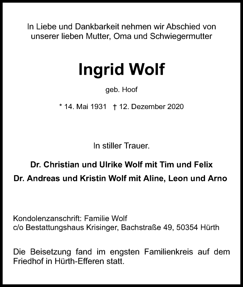  Traueranzeige für Ingrid Wolf vom 19.12.2020 aus Kölner Stadt-Anzeiger / Kölnische Rundschau / Express