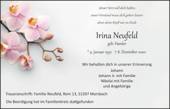 Anzeige von Irina Neufeld von  Lokalanzeiger 