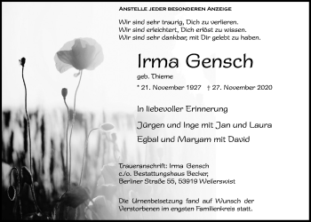 Anzeige von Irma Gensch von  Blickpunkt Euskirchen 