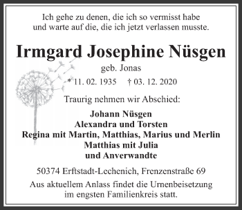 Anzeige von Irmgard Josephine Nüsgen von  Werbepost 