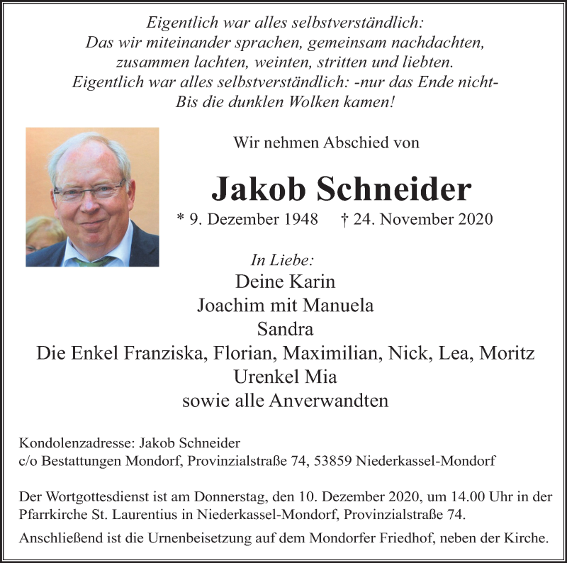  Traueranzeige für Jakob Schneider vom 05.12.2020 aus Kölner Stadt-Anzeiger / Kölnische Rundschau / Express