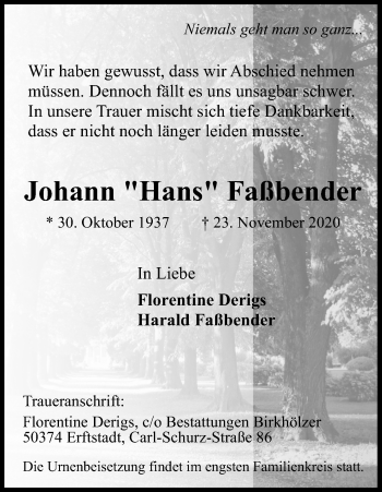 Anzeige von Johann Faßbender von Kölner Stadt-Anzeiger / Kölnische Rundschau / Express