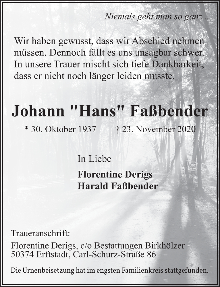  Traueranzeige für Johann Faßbender vom 11.12.2020 aus  Wochenende 