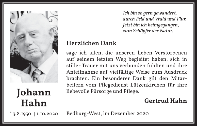  Traueranzeige für Johann Hahn vom 18.12.2020 aus  Werbepost 