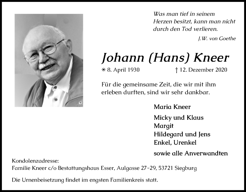  Traueranzeige für Johann Kneer vom 19.12.2020 aus Kölner Stadt-Anzeiger / Kölnische Rundschau / Express