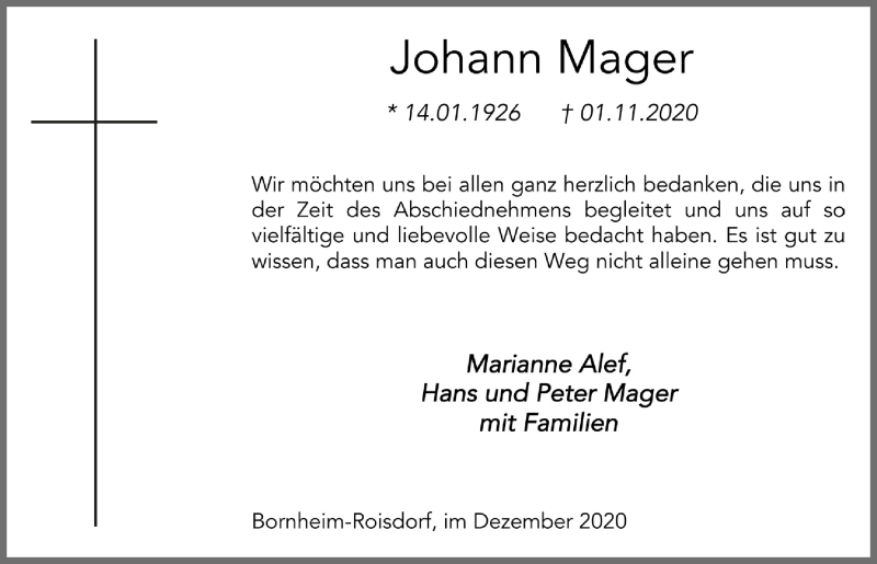  Traueranzeige für Johann Mager vom 18.12.2020 aus  Schaufenster/Blickpunkt 