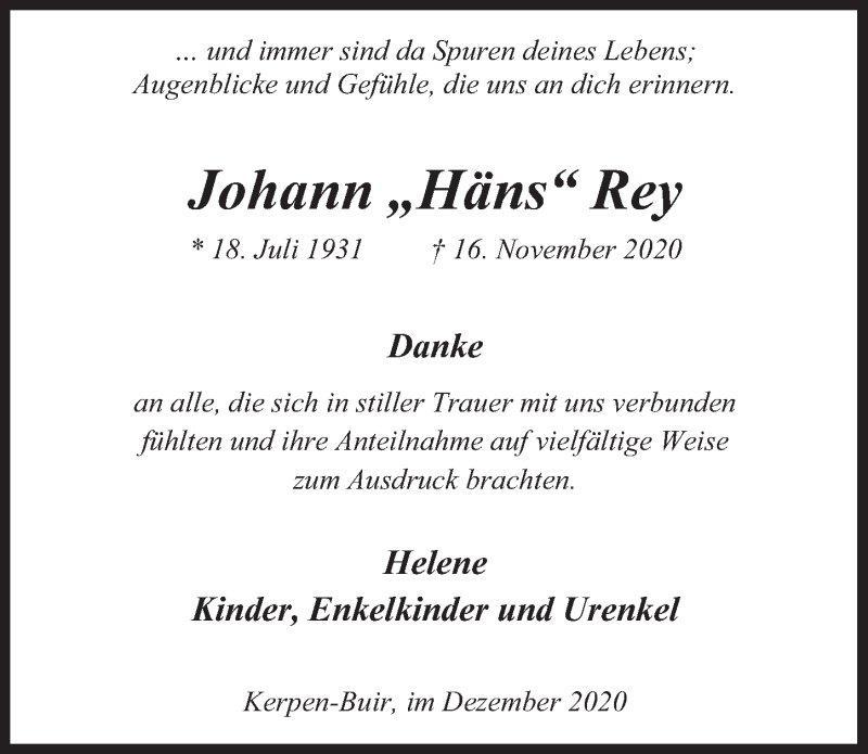  Traueranzeige für Johann  Rey vom 18.12.2020 aus  Werbepost 