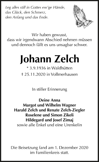 Anzeige von Johann Zelch von  Anzeigen Echo 