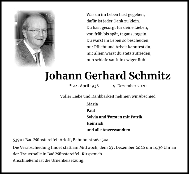 Traueranzeige für Johann Gerhard Schmitz vom 19.12.2020 aus Kölner Stadt-Anzeiger / Kölnische Rundschau / Express