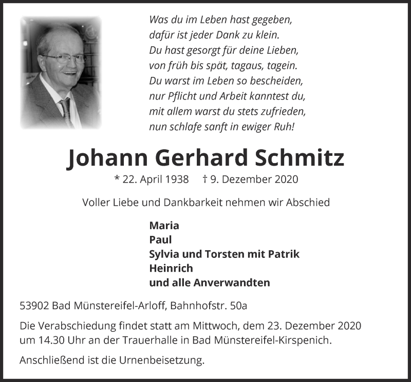  Traueranzeige für Johann Gerhard Schmitz vom 19.12.2020 aus  Blickpunkt Euskirchen 
