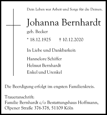 Anzeige von Johanna Bernhardt von Kölner Stadt-Anzeiger / Kölnische Rundschau / Express