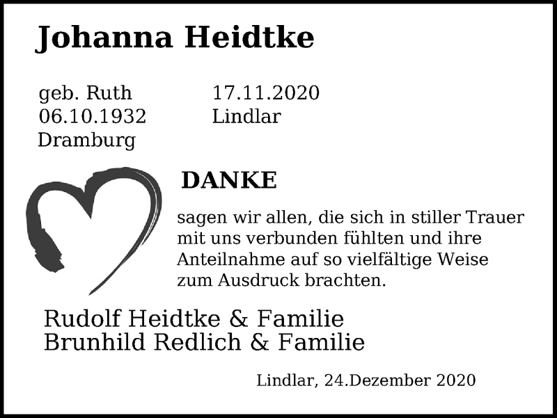  Traueranzeige für Johanna Heidtke vom 24.12.2020 aus Kölner Stadt-Anzeiger / Kölnische Rundschau / Express