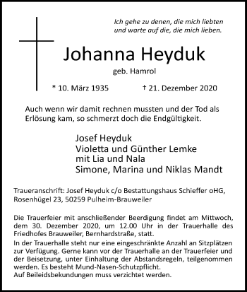 Anzeige von Johanna Heyduk von Kölner Stadt-Anzeiger / Kölnische Rundschau / Express