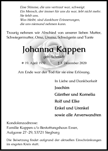Anzeige von Johanna Kappen von Kölner Stadt-Anzeiger / Kölnische Rundschau / Express
