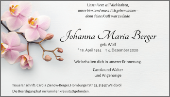 Anzeige von Johanna Maria Berger von  Lokalanzeiger 