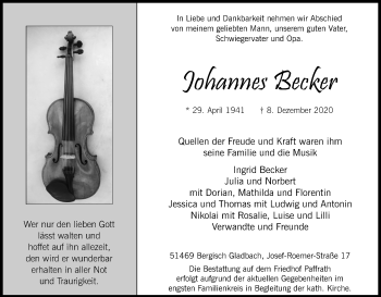 Anzeige von Johannes Becker von Kölner Stadt-Anzeiger / Kölnische Rundschau / Express