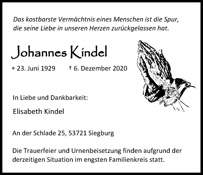  Traueranzeige für Johannes Kindel vom 12.12.2020 aus Kölner Stadt-Anzeiger / Kölnische Rundschau / Express