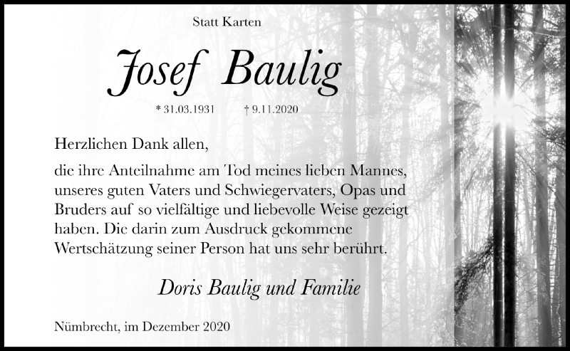  Traueranzeige für Josef Baulig vom 18.12.2020 aus  Lokalanzeiger 