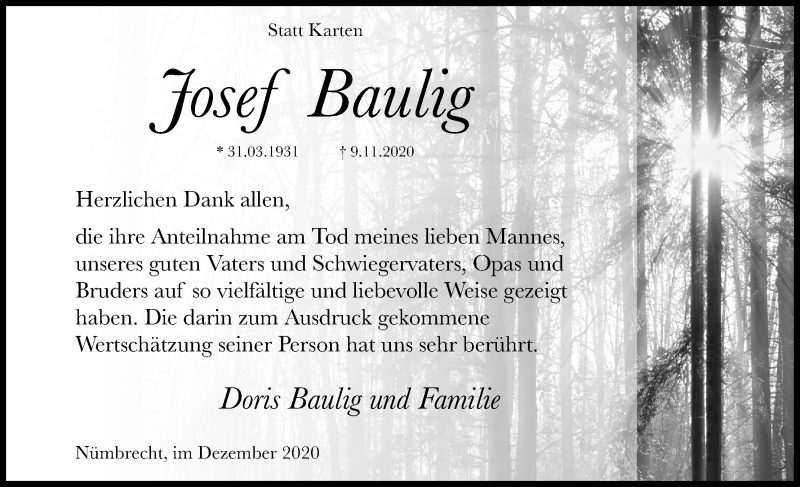  Traueranzeige für Josef Baulig vom 19.12.2020 aus Kölner Stadt-Anzeiger / Kölnische Rundschau / Express