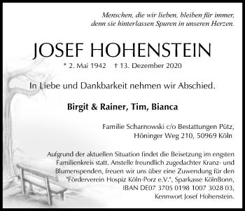 Anzeige von Josef Hohenstein von Kölner Stadt-Anzeiger / Kölnische Rundschau / Express
