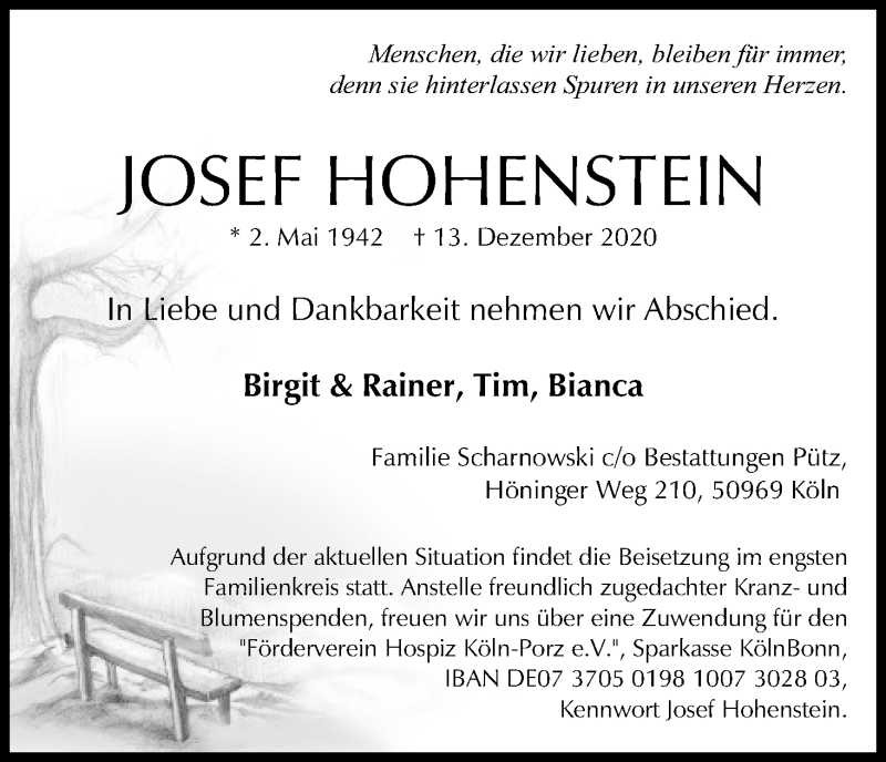  Traueranzeige für Josef Hohenstein vom 19.12.2020 aus Kölner Stadt-Anzeiger / Kölnische Rundschau / Express