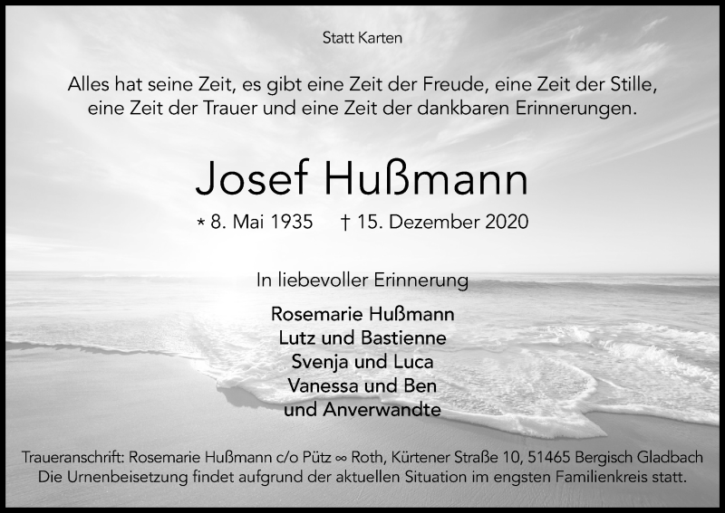  Traueranzeige für Josef Hußmann vom 24.12.2020 aus Kölner Stadt-Anzeiger / Kölnische Rundschau / Express