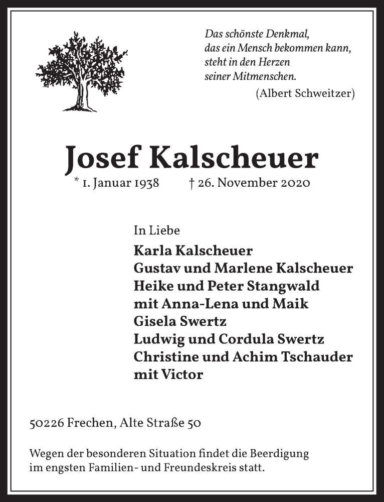  Traueranzeige für Josef Kalscheuer vom 04.12.2020 aus  Wochenende 