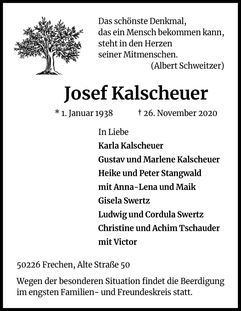  Traueranzeige für Josef Kalscheuer vom 05.12.2020 aus Kölner Stadt-Anzeiger / Kölnische Rundschau / Express