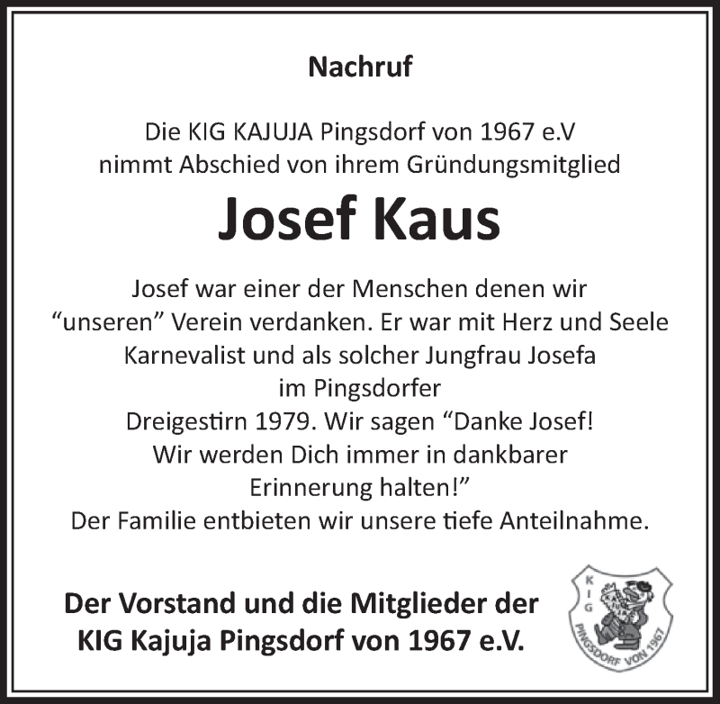  Traueranzeige für Josef Kaus vom 18.12.2020 aus  Schlossbote/Werbekurier 
