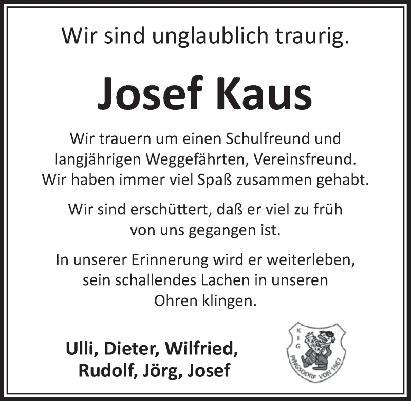  Traueranzeige für Josef Kaus vom 18.12.2020 aus  Schlossbote/Werbekurier 