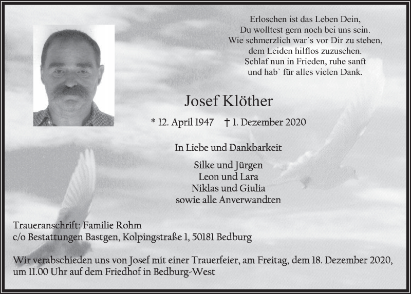  Traueranzeige für Josef Klöther vom 11.12.2020 aus  Werbepost 