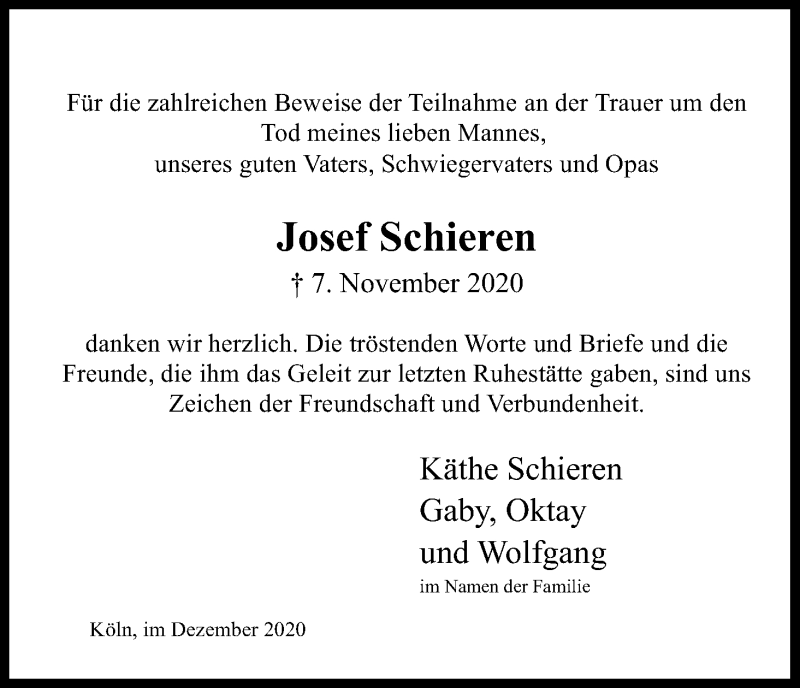  Traueranzeige für Josef Schieren vom 05.12.2020 aus Kölner Stadt-Anzeiger / Kölnische Rundschau / Express