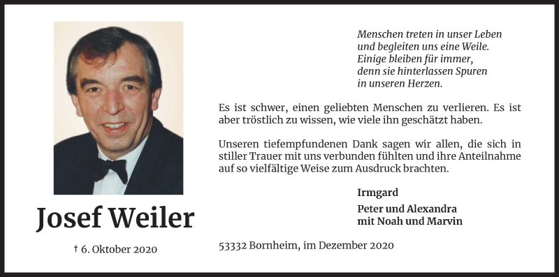  Traueranzeige für Josef Weiler vom 05.12.2020 aus Kölner Stadt-Anzeiger / Kölnische Rundschau / Express