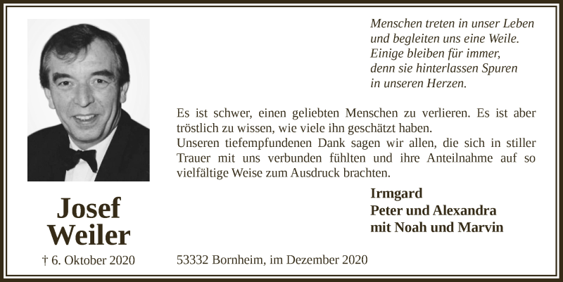  Traueranzeige für Josef Weiler vom 04.12.2020 aus  Schaufenster/Blickpunkt 