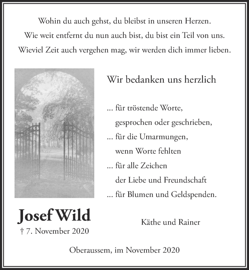  Traueranzeige für Josef Wild vom 11.12.2020 aus  Werbepost 