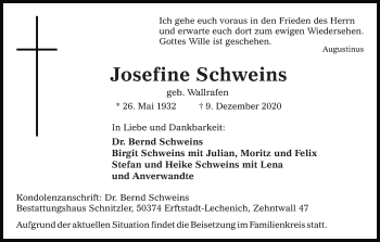Anzeige von Josefine Schweins von Kölner Stadt-Anzeiger / Kölnische Rundschau / Express