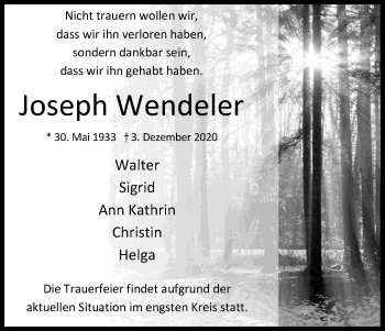 Anzeige von Joseph Wendeler von Kölner Stadt-Anzeiger / Kölnische Rundschau / Express