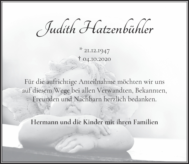  Traueranzeige für Judith Hatzenbühler vom 05.12.2020 aus  Blickpunkt Euskirchen 