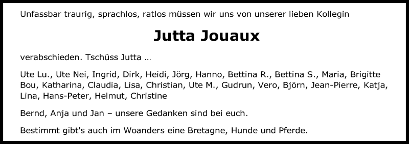  Traueranzeige für Jutta Jouaux vom 16.12.2020 aus Kölner Stadt-Anzeiger / Kölnische Rundschau / Express