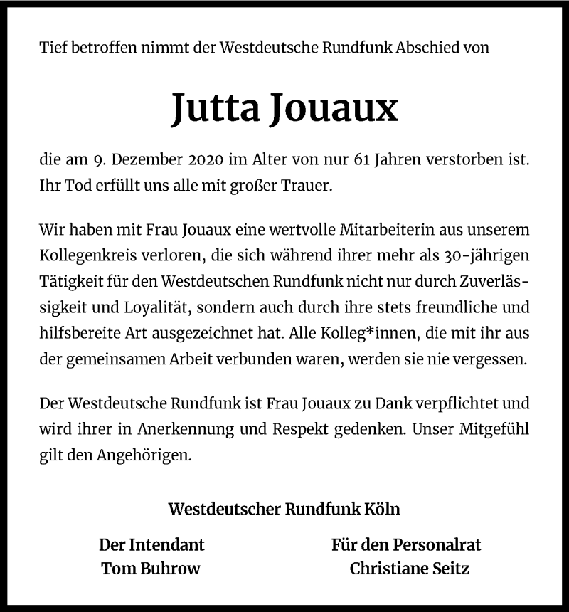  Traueranzeige für Jutta Jouaux vom 16.12.2020 aus Kölner Stadt-Anzeiger / Kölnische Rundschau / Express