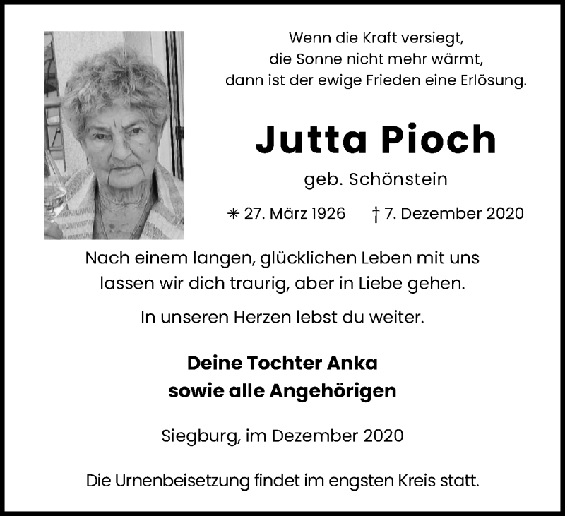  Traueranzeige für Jutta Pioch vom 12.12.2020 aus Kölner Stadt-Anzeiger / Kölnische Rundschau / Express
