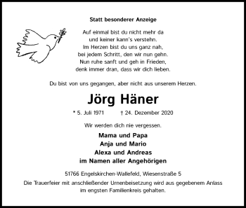 Anzeige von Jörg Häner von Kölner Stadt-Anzeiger / Kölnische Rundschau / Express