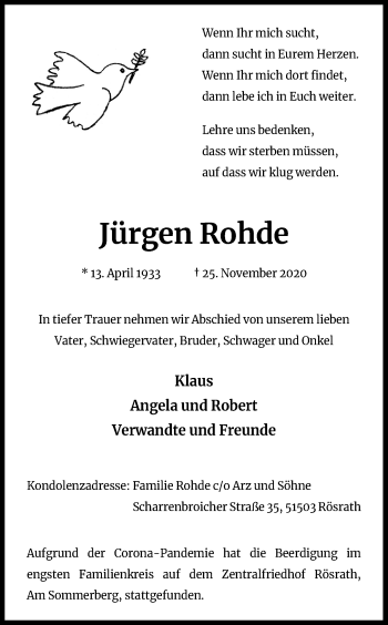 Anzeige von Jürgen Rohde von Kölner Stadt-Anzeiger / Kölnische Rundschau / Express