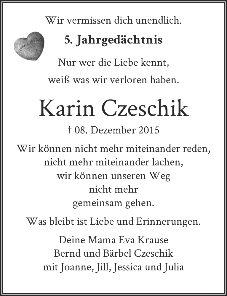  Traueranzeige für Karin Czeschik vom 05.12.2020 aus  Blickpunkt Euskirchen 