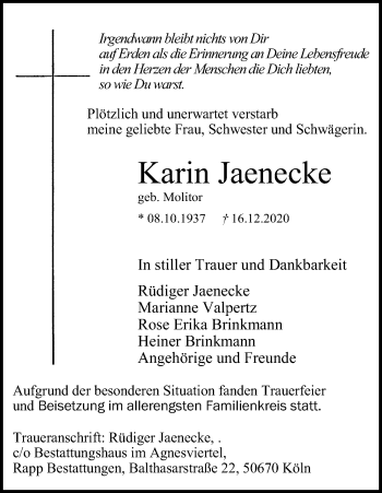 Anzeige von Karin Jaenecke von Kölner Stadt-Anzeiger / Kölnische Rundschau / Express