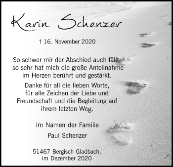Anzeige von Karin Schenzer von Kölner Stadt-Anzeiger / Kölnische Rundschau / Express