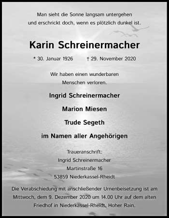 Anzeige von Karin Schreinermacher von Kölner Stadt-Anzeiger / Kölnische Rundschau / Express